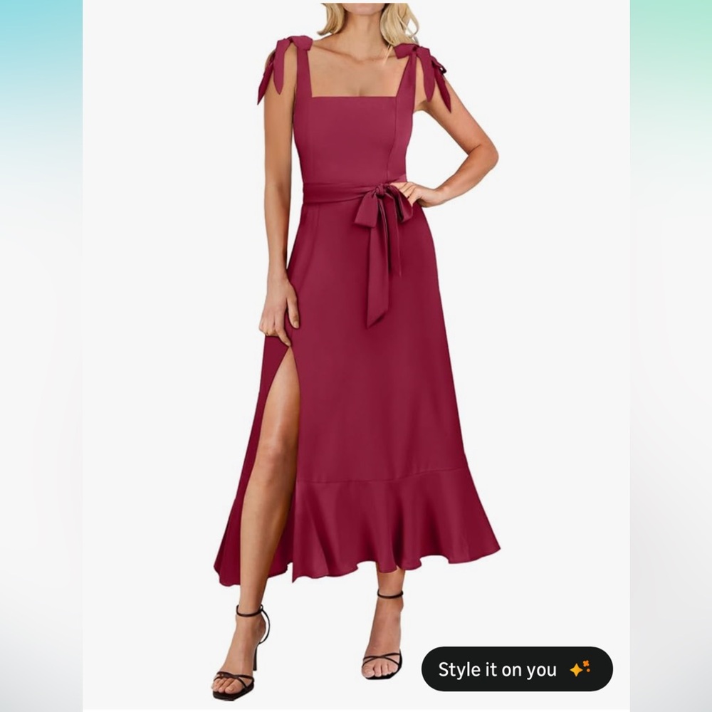 Square neck ruffle hem midi dress w/ slit / tie sleeves and belt / wedding guest
